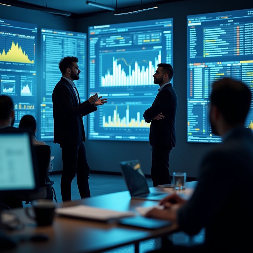 Analistas financieros discutiendo estrategias en una reunión